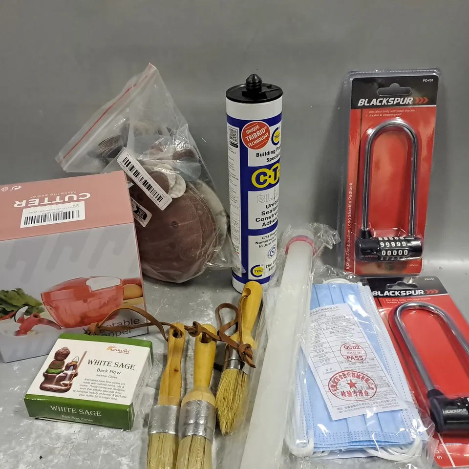 APPROXIMATELY 15 ASSORTED HOUSEHOLD ITEMS TO INCLUDE BLACKSPUR LONG SHACKLE COMBINATION LOCK, CT1 SEALANT, VEGETABLE CHOPPER, ETC