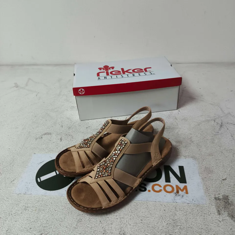 RIEKER ANTISTRESS SANDALS – BEIGE/TAN WITH CRYSTAL EMBELLISHMENT – UK 6 (EU 39)