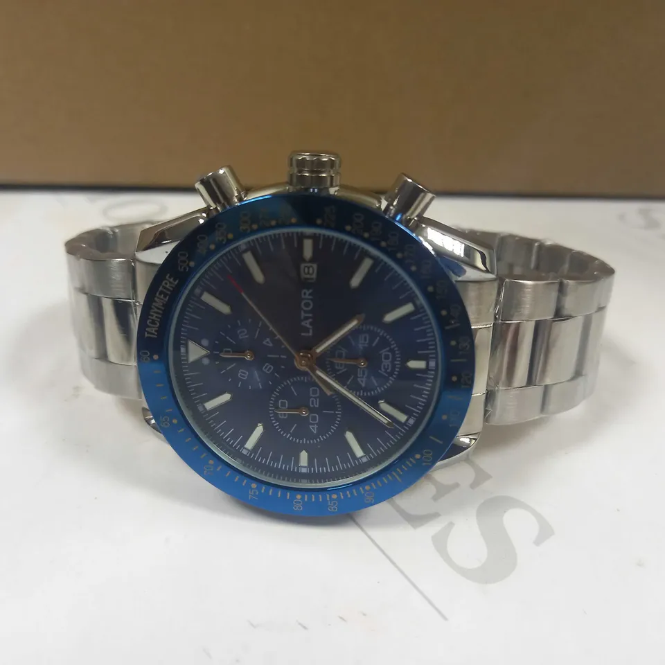 LATOR CALIBRE TACHYMETRE BLUE DIAL CHRONOGRAPH STYLE BRACELET STRAP WATCH RRP £635