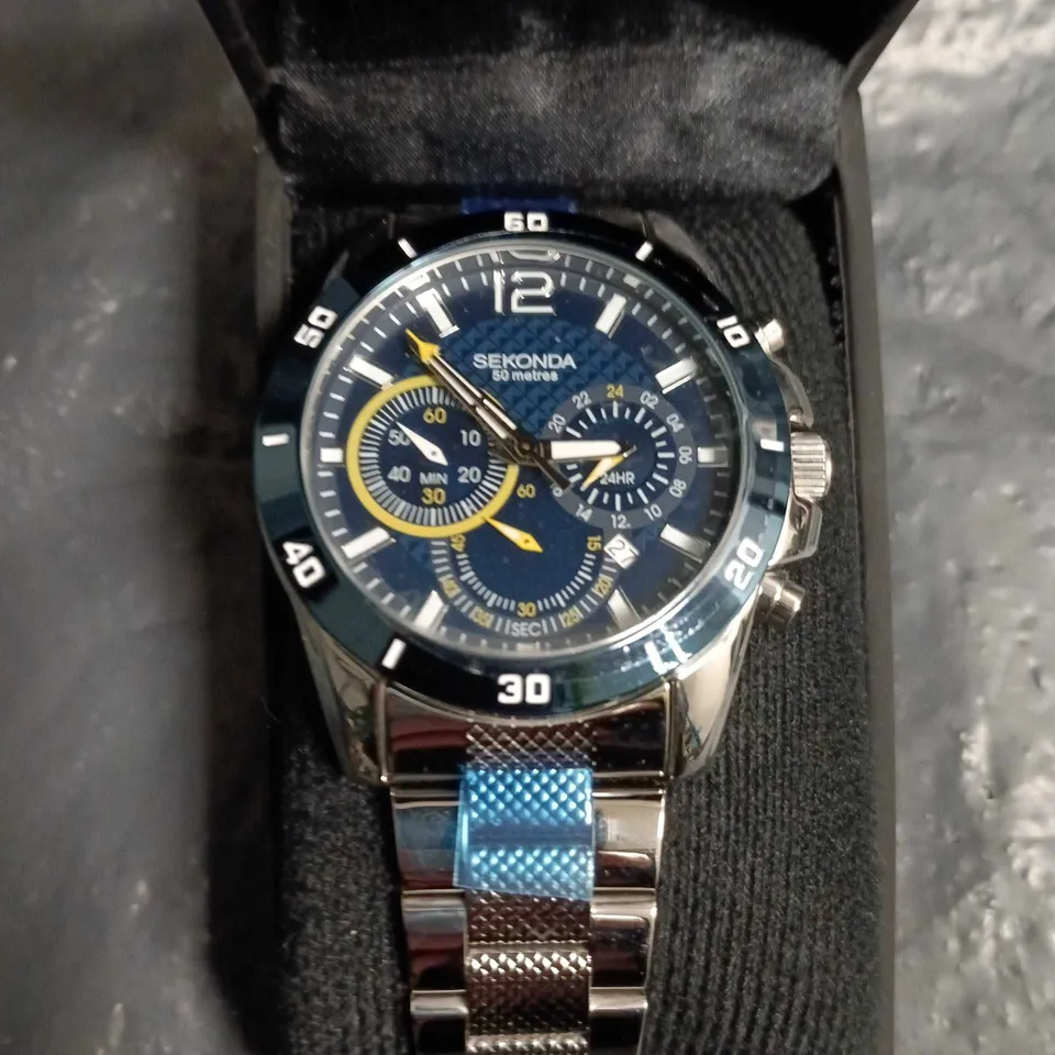 SEKONDA CHRONOGRAPH WATCH, BLUE DIAL & BEZEL, STAINLESS STEEL BRACELET – IN PRESENTATION BOX