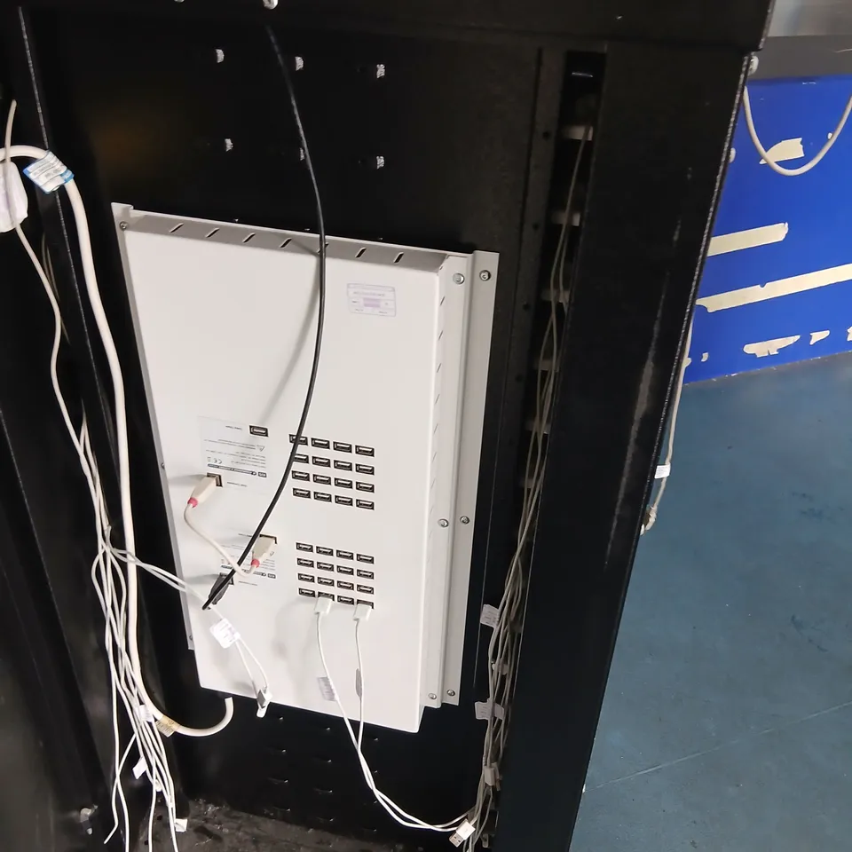 TALL OFFICE EQUIPMENT CHARGING CABINET WITH MULTIPLE INTERNAL SHELVES ON CASTERS (BLACK/WHITE)