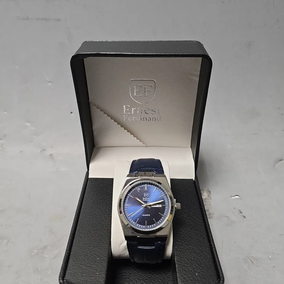  ERNEST FERDINAND WATCH – DAY DATE CALENDAR DIAL – LEATHER STRAP – 3ATM WATER RESISTANT