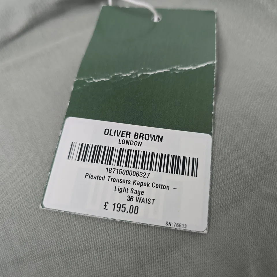 OLIVER BROWN LONDON PLEATED TROUSERS – LIGHT SAGE, UK 38