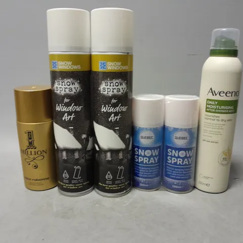 APPROXIMATELY 10 ASSORTED AEROSOLS TO INCLUDE -SNOW SPRAY , AVEENO DAILY MOISTURISER , 1 MILLION ETC