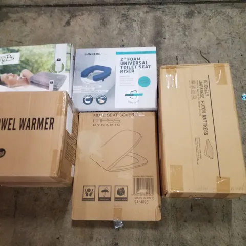 PALLET CONTAINING ASSORTED PRODUCTS INCLUDING HEATED THROW, UNIVERSAL TOILET SEAT RISER, TOWEL WARMER, JAPANESE FUTON MATTRESS, TOILET SEAT 