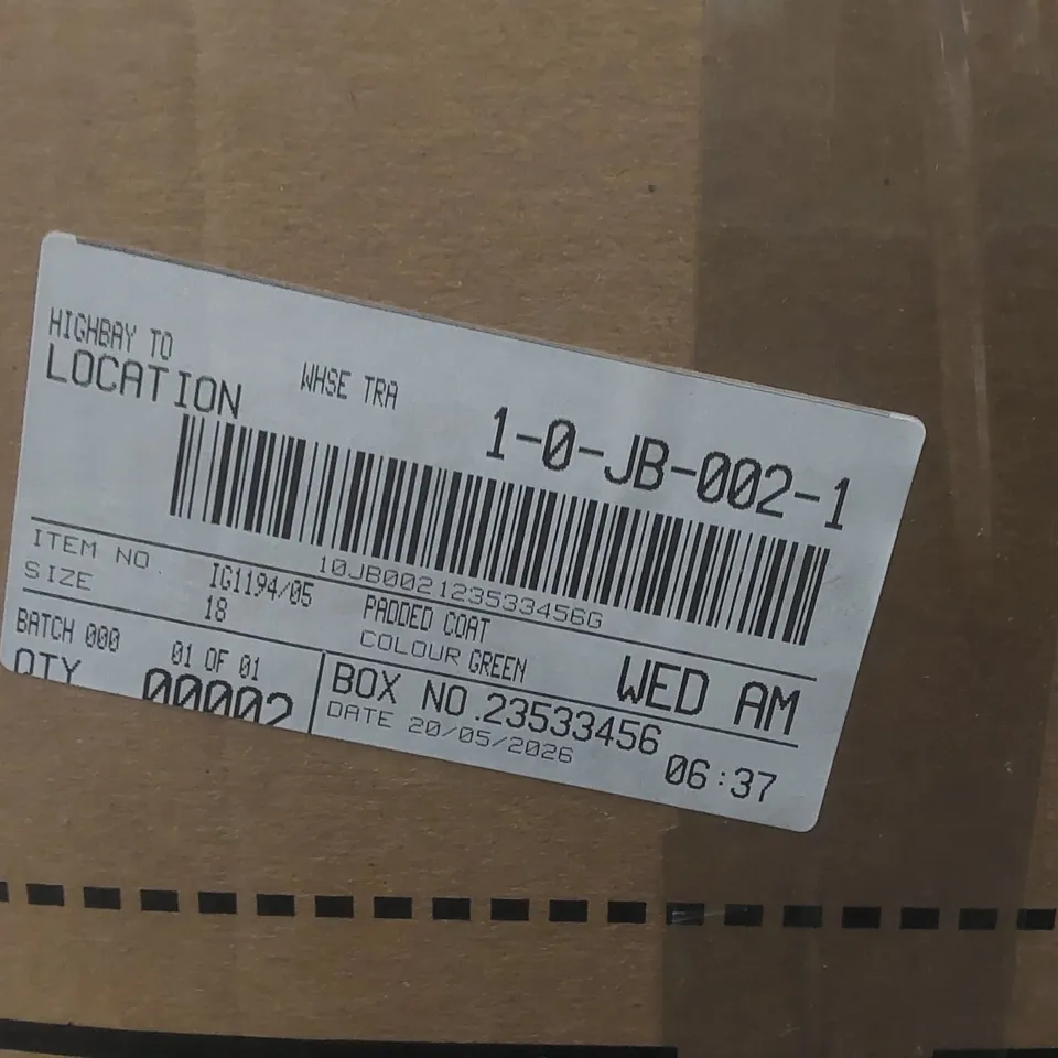 BOX CONTAINING APPROXIMATELY 2x BRAND NEW JD WILLIAMS GREEN PADDED COATS - SIZE 18