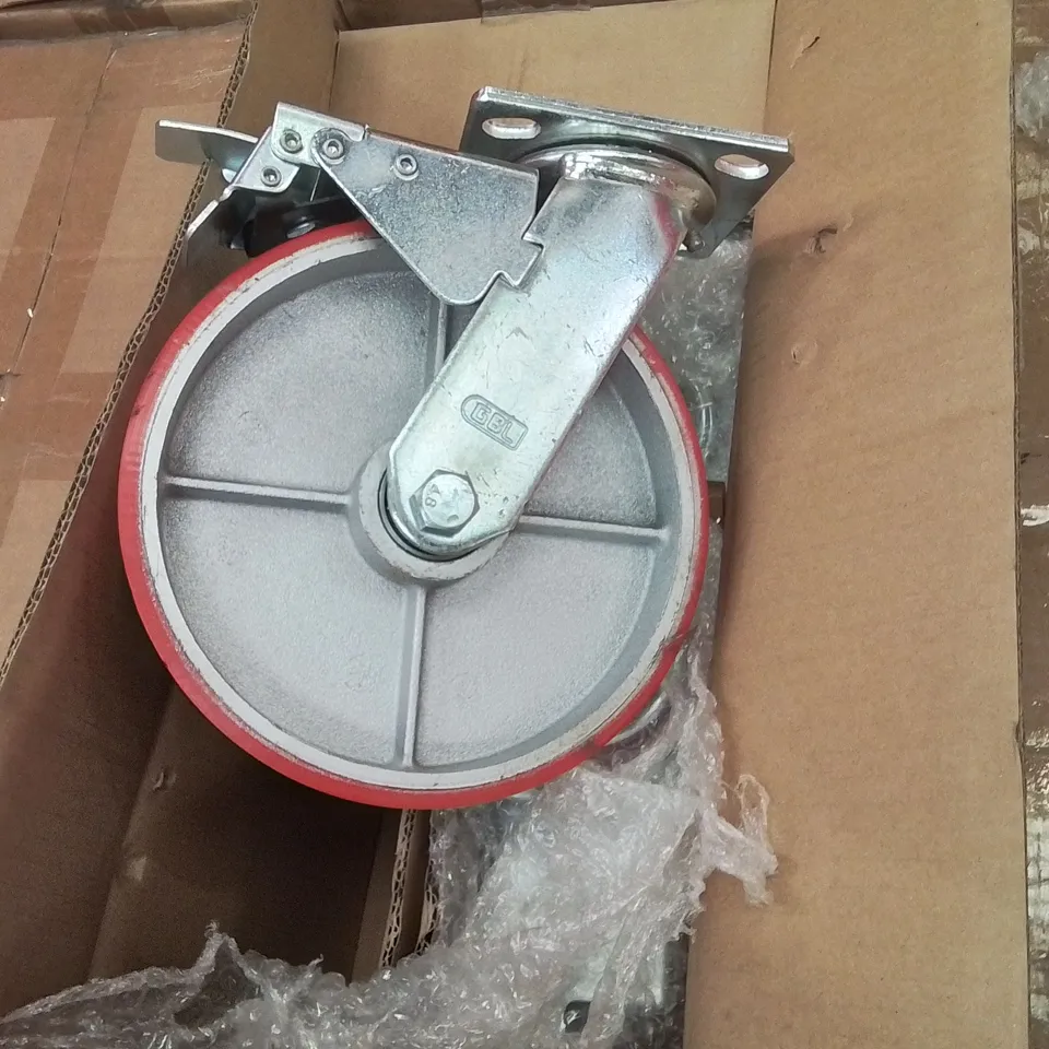 PALLET CONTAINING LARGE QUANTITY OF 8" RED INDUSTRIAL WHEELS