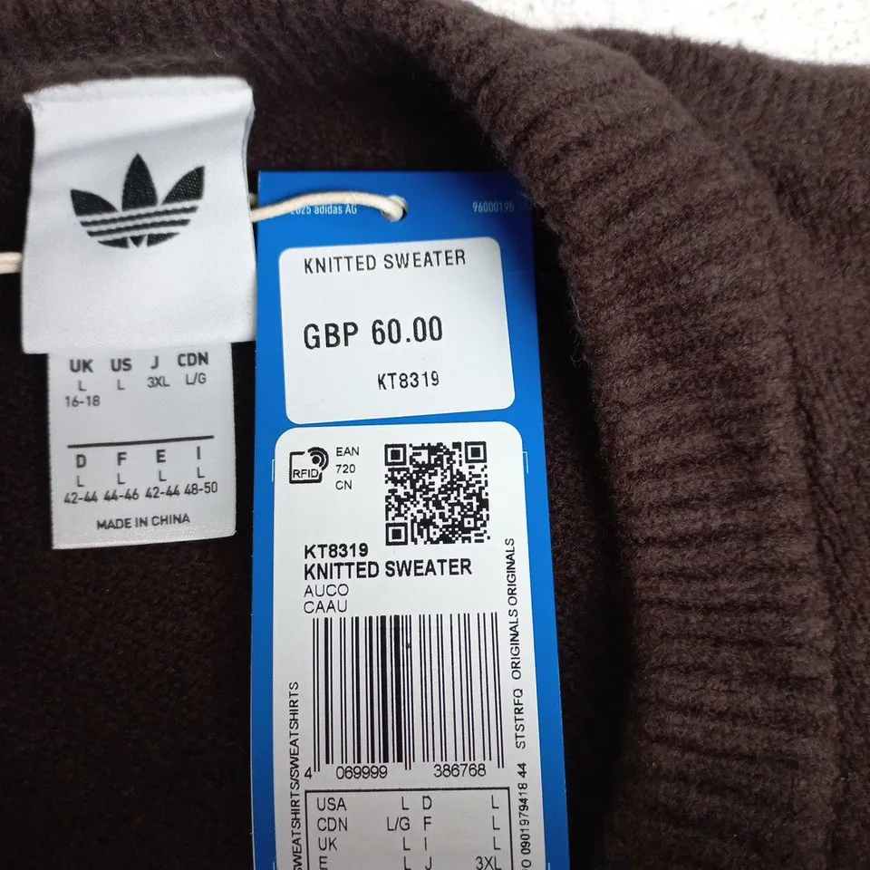ADIDAS ORIGINALS KNITTED SWEATER – BROWN, UK 16-18 (WOMEN) – TAGGED