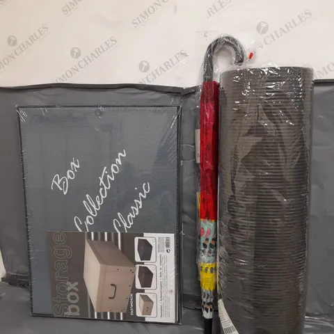 APROXIMATELY 8 ASSORTED HOUSEHOLD ITEMS UMBRELLA , YOGA MAT , POP UP STORAGE BOARD ,ETC 