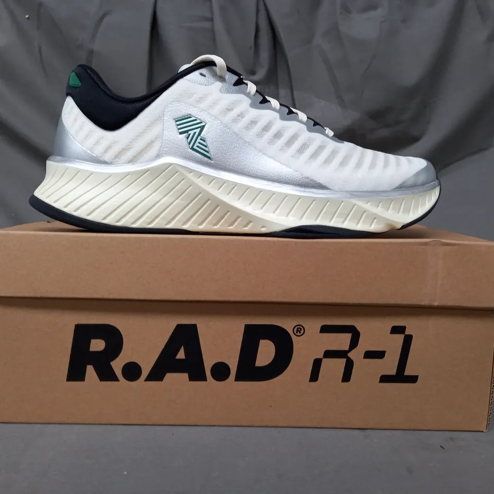 BOXED PAIR OF R.A.D. R-1 SHOES IN WHITE/METALLIC SILVER/GREEN UK SIZE 9.5