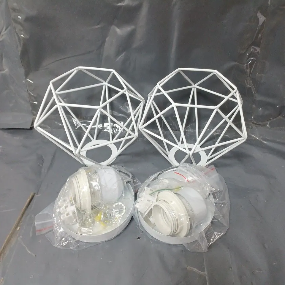 SET OF 2 WIRE CAGE STYLE DIAMOND SHAPED LIGHT SHADES WITH FITTINGS WHITE