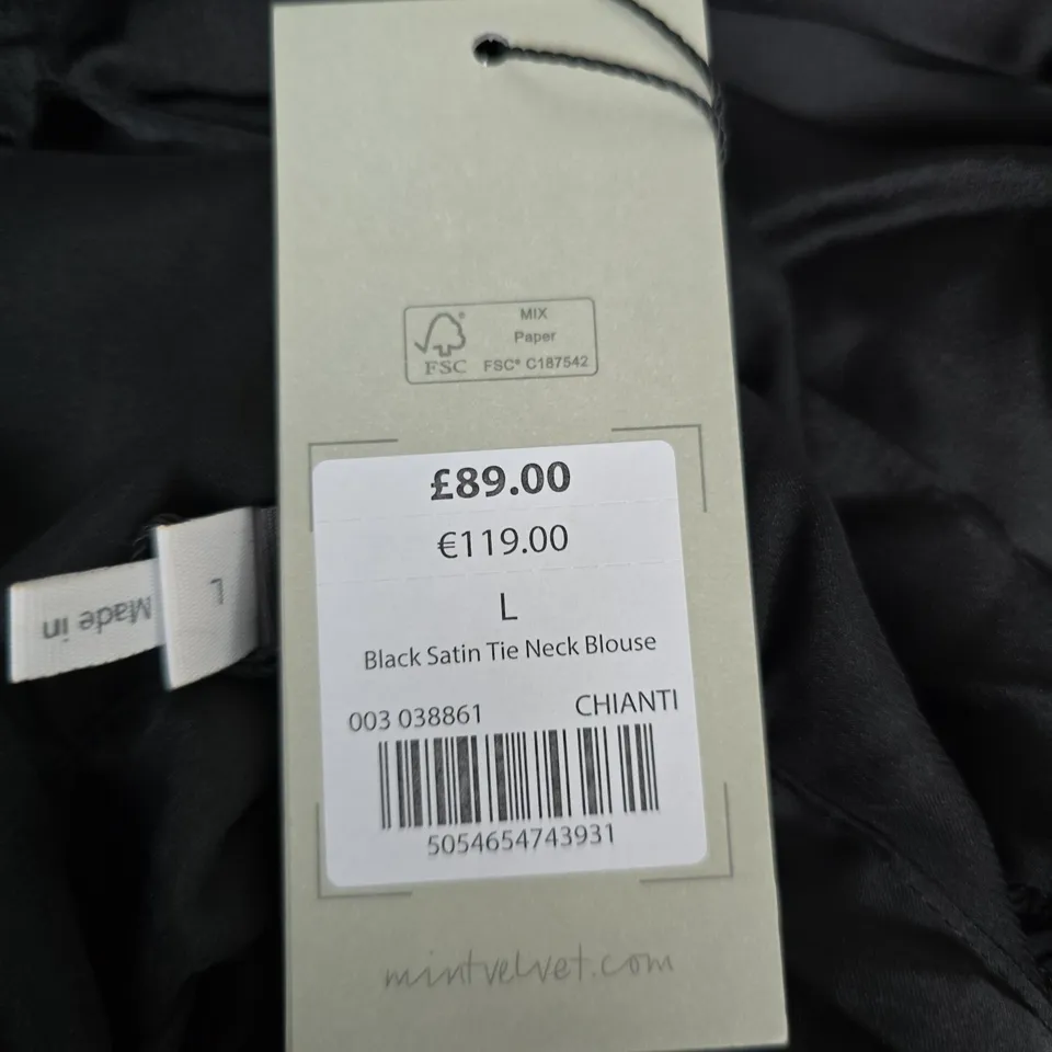 MINT VELVET BLACK SATIN TIE-NECK BLOUSE – SIZE L