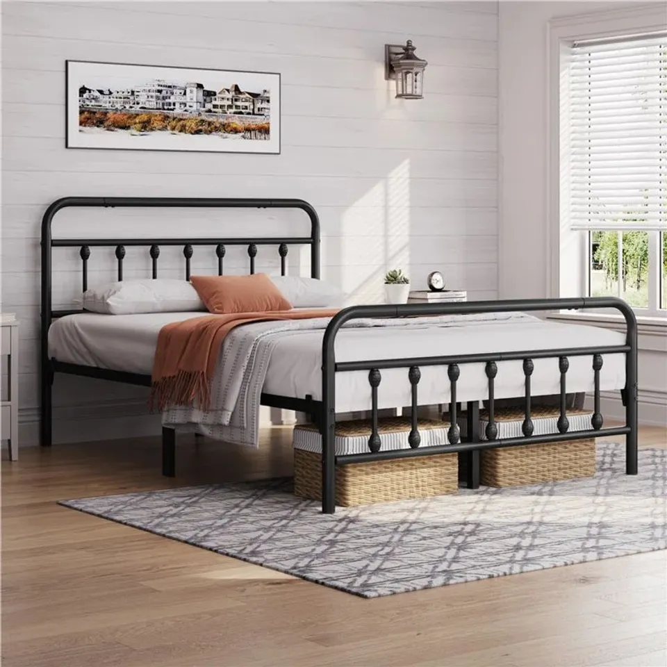 BOXED YAHEETECH METAL BED FRAME WITH VINTAGE HEADBOARD - BLACK // SIZE: KING (1 BOX)