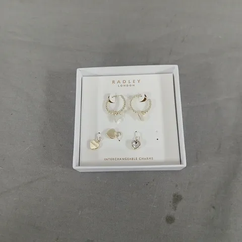 RADLEY LONDON 18CT GOLD PLATED EARRING AND MIX CHARM SET. ONE CHARM MISSING