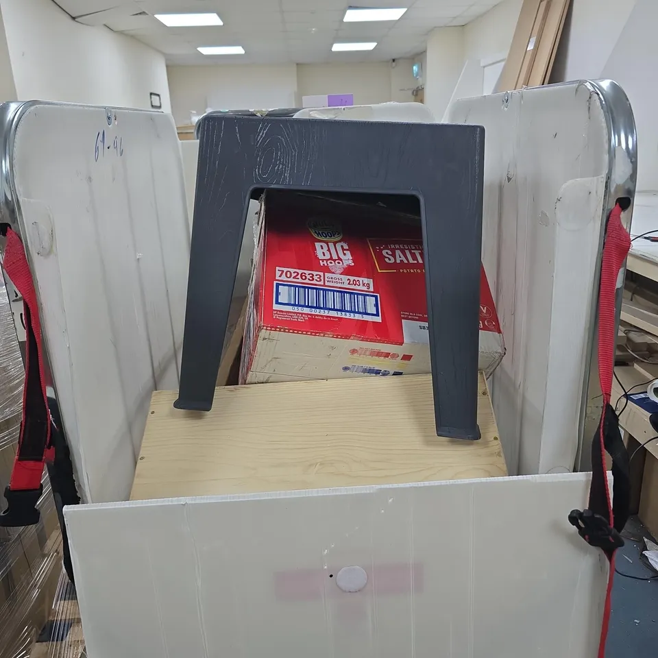 CAGE OF APPROXIMATELY 12 ASSORTED ITEMS TO INCLUDE PLASTIC SEAT, WOODEN WINE STORAGE DRAWER ETC