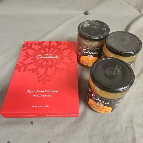 TOTE OF APPROXIMATELY 11 ASSORTED FOOD AND DRINK ITEMS TO INCLUDE YFOOD HOTEL CHOCOLAT ADVENT CALENDAR , CHICKEN BROTH , VEGETABLE SOUP  , ETC 