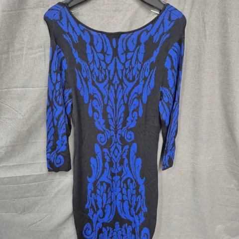 WOMEN'S DRESS – BLUE/BLACK ORNATE PATTERN, SIZE LARGE