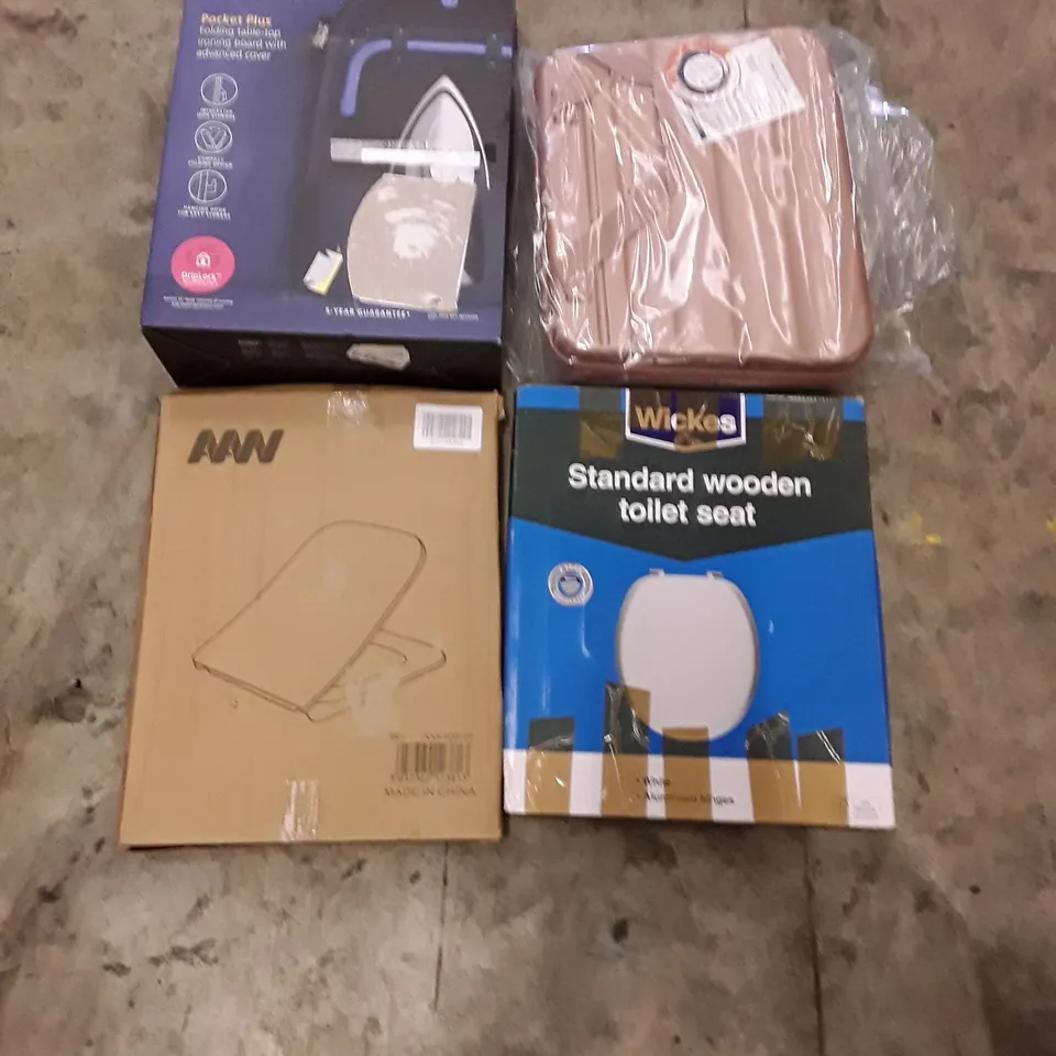 PALLET OF ASSORTED PRODUCTS TO INCLUDE; PLASTIC PINK BAG - STANDARD WOODEN TOILET SEAT - JOSEPH JOSEPH POCKET PLUS IRONING BOARD ECT