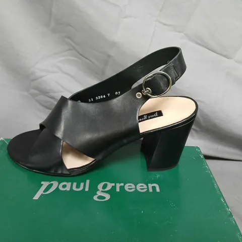 PAUL GREEN BLACK LEATHER SANDALS, UK 7 – OPEN-TOE, ANKLE-STRAP, BLOCK HEEL