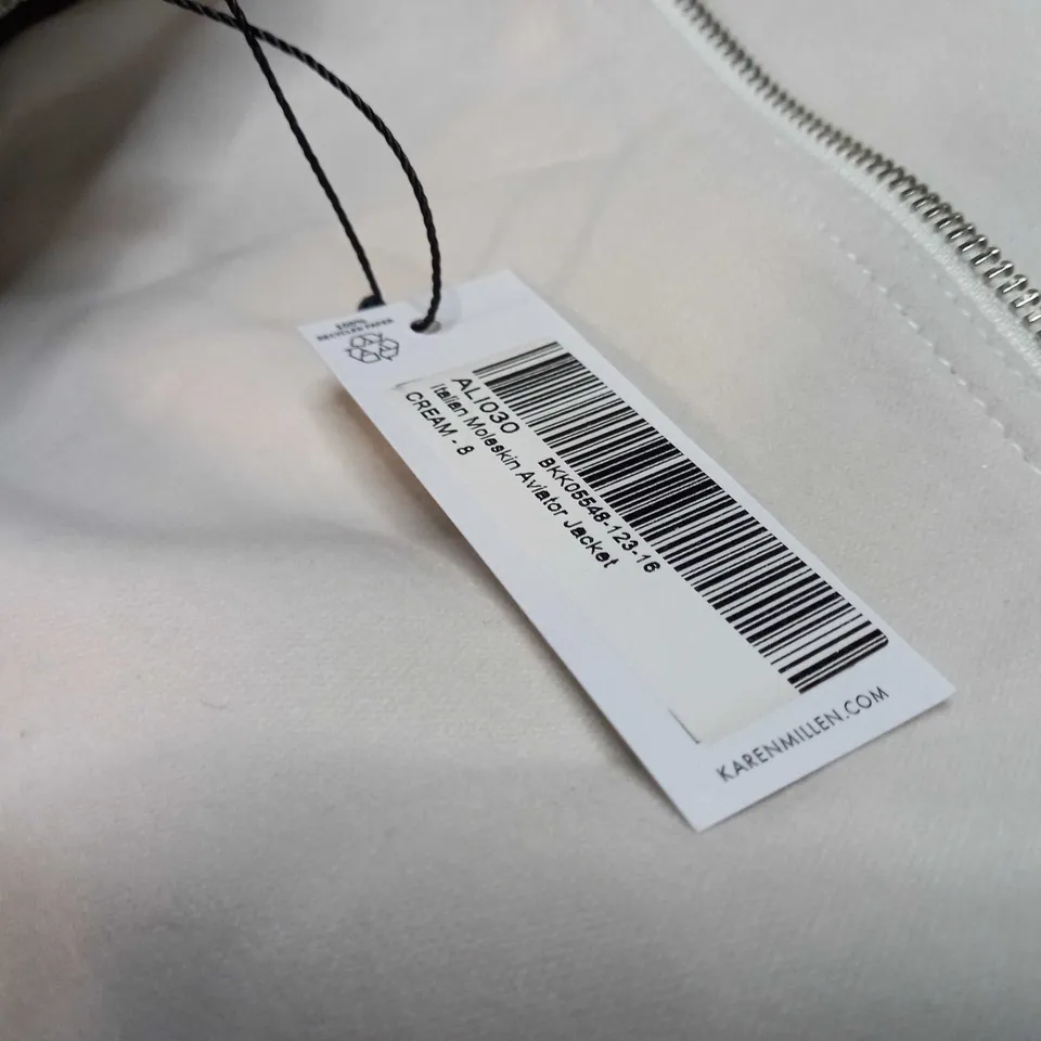 KAREN MILLEN CREAM ITALIAN MOLESKIN AVIATOR JACKET - SIZE 8