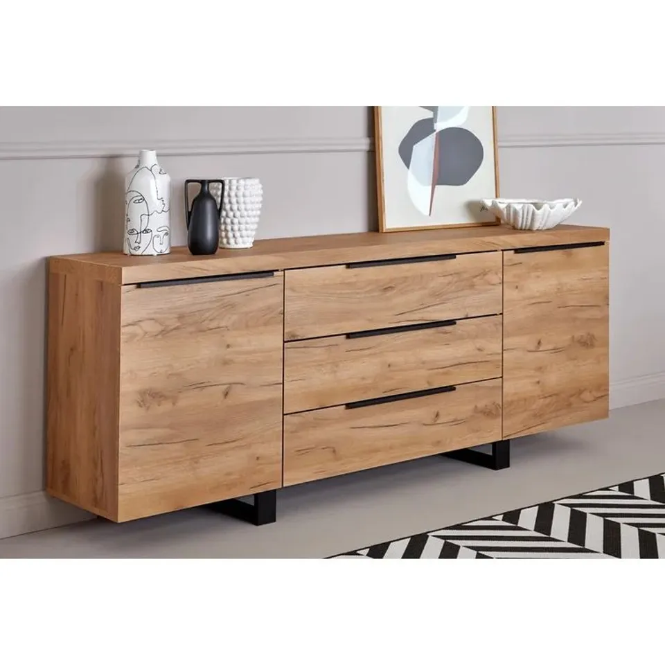 BOXED THOA 180CM 3 DRAWER VINTAGE OAK CHEST OF DRAWERS