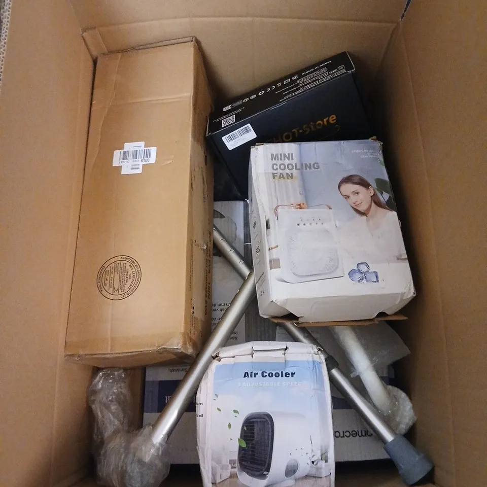 BOX OF APPROXIMATELY 10 ASSORTED ITEMS INCLUDING AN AIR COOLER, A MINI COOLING FAN AND ELEHOT-STORE 3-IN-1 CURLING WAND