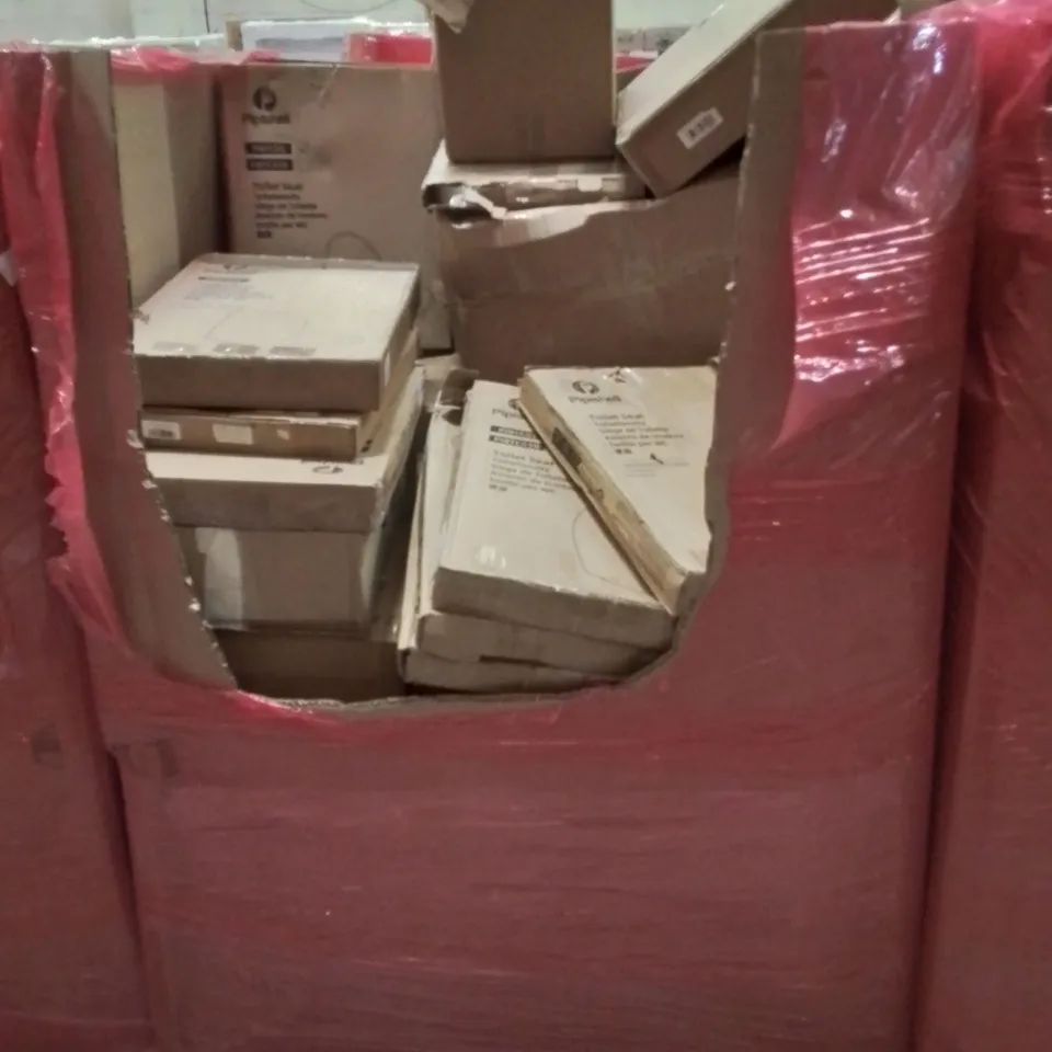PALLET CONTAINING VARIOUS ASSORTED BOXED HOUSEHOLD ITEMS TO INCLUDE: TOILET SEATS, TRASH BIN, YOGA MAT  AND LOTS MORE UNMARKED BOXED ITEMS 