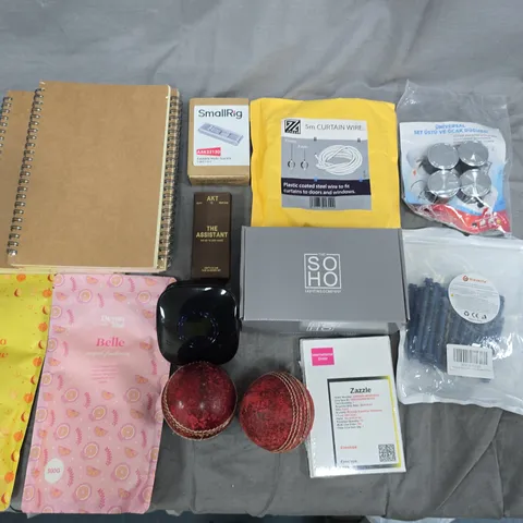 LOT OF ASSORTED HOUSEHOLD ITEMS TO INCLUDE CURTAIN WIRE, CRICKET BALLS AND NOTEBOOKS