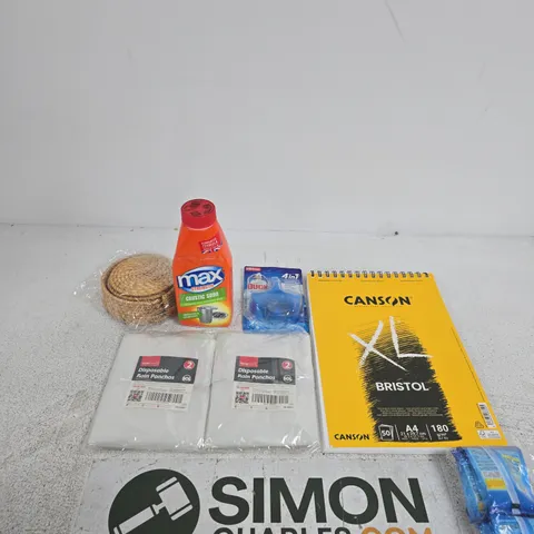TOTE OF APPROXIMATELY 10 ASSORTED ITEMS INCLUDING CANSON BRISTOL NOTEBOOK, HOME&MORE DISPOSABLE RAIN PONCHOS AND DUCK AQUA BLUE