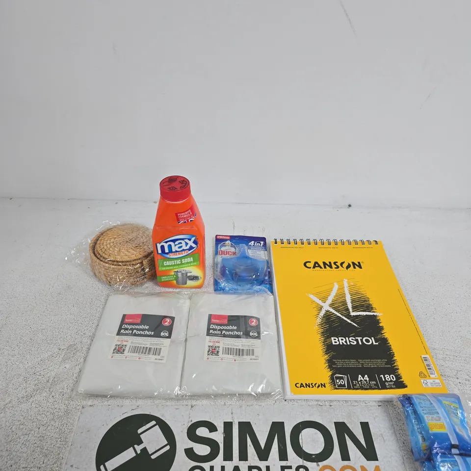 TOTE OF APPROXIMATELY 10 ASSORTED ITEMS INCLUDING CANSON BRISTOL NOTEBOOK, HOME&MORE DISPOSABLE RAIN PONCHOS AND DUCK AQUA BLUE