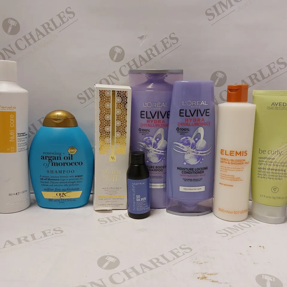 LOT OF APPROX 10 ASSORTED BEAUTY PRODUCTS TO INCLUDE L'OREAL MYTHIC OIL, ELEMIS SHOWER MILK, MATRIX SO SILVER SHAMPOO MINI, ETC