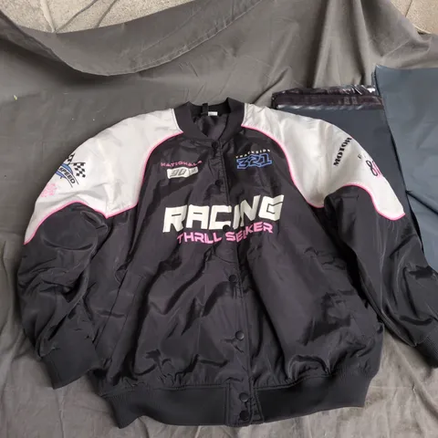 RACING BOMBER JACKET – BLACK WITH PINK TRIM, 'RACING THRILL SEEKER' MOTIF (US M, CN 165/96A)