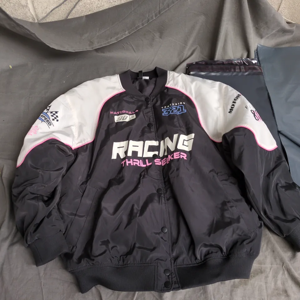 RACING BOMBER JACKET – BLACK WITH PINK TRIM, 'RACING THRILL SEEKER' MOTIF (US M, CN 165/96A)