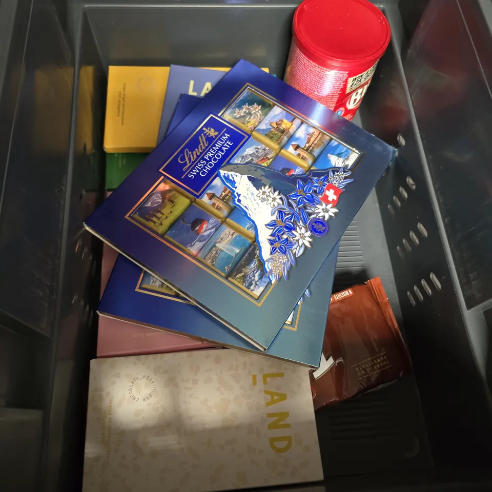 BOX OF APPROXIMATELY 10 ASSORTED FOOD ITEMS INCLUDING ADVENT CALENDAR , LINDT CHOCOLATES AND NUORA FEMININE GUMMIES