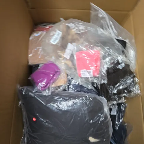 LARGE BOX OF ASSORTED CLOTHING ITEMS IN VARIOUS SIZES, STYLES AND COLOUR 