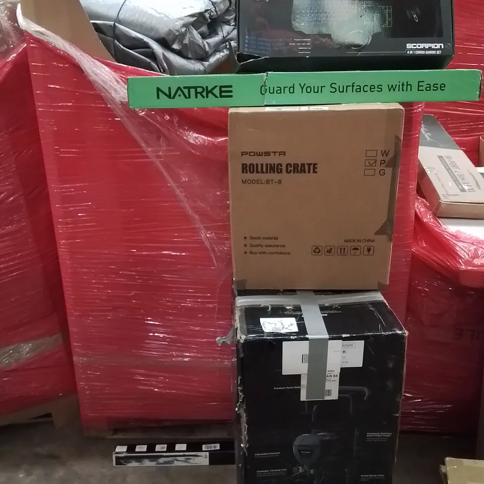 PALLET CONTAINING VARIOUS ASSORTED BOXED HOUSEHOLD ITEMS TO INCLUDE: SURFACE GUARD, INOFLEX SPRAY GUNS, AND LOTS MORE UNMARKED BOXED ITEMS 