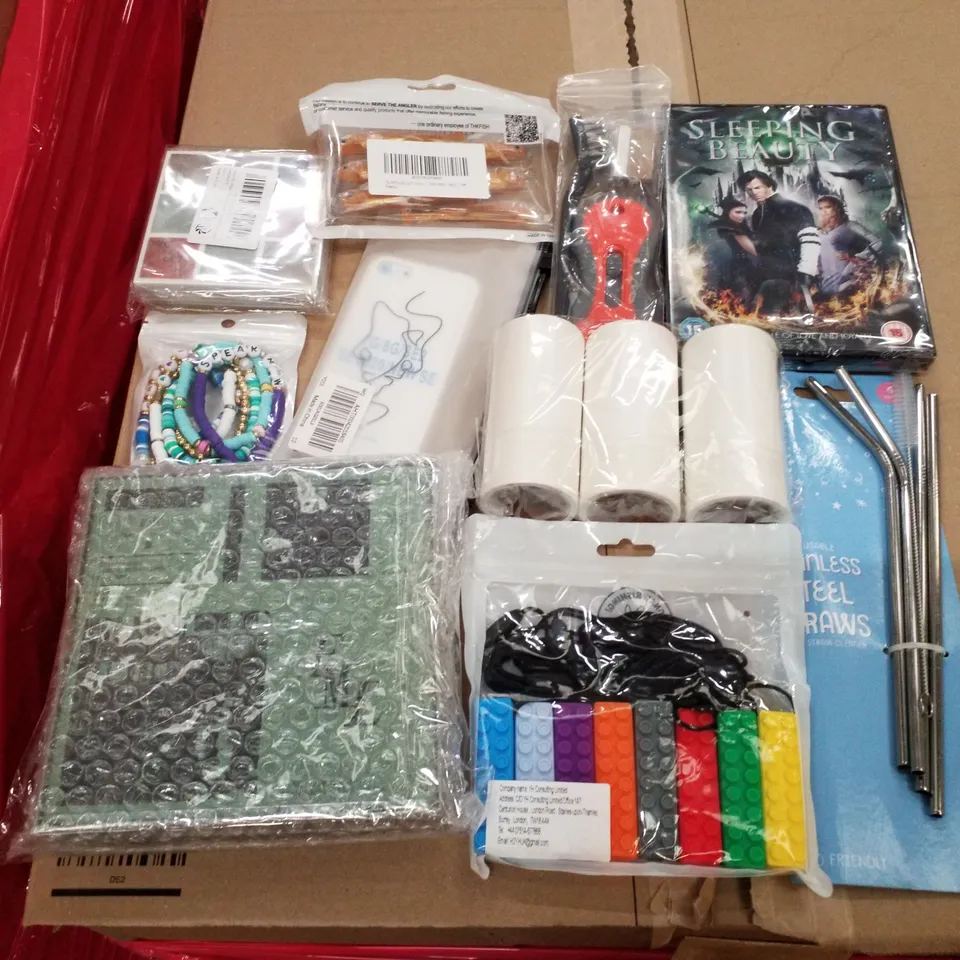 PALLET OF 6 BOXES CONTAINING ASSORTED PRODUCTS INCLUDING STAINLESS STEEL STRAWS, SLEEPING BEAUTY DVD, DRINKS COASTERS, FISHING LURES, BRACELETS