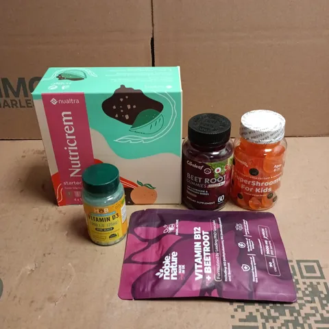 TOTE OF APPROXIMATELY 16 ASSORTED HEALTH/VITAMIN RELATED ITEMS TO INCLUDE SUPERSHROOMS FOR KIDS, VITAMIN B12 AND BEET ROOT 90 CAPSULES, HOLLAND AND BARRETT VIT D3, BEET ROOT GUMMIES, NUALTRA NUTRICREM