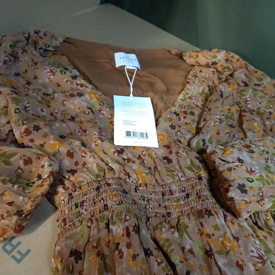 SEZANE COFFEE DITSY 70'S INSPIRED MIDI DRESS - SIZE 10
