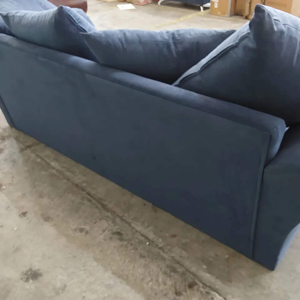 DESIGNER THREE SEATER SOFA WITH SCATTER CUSHIONS BLUE PLUSH FABRIC 
