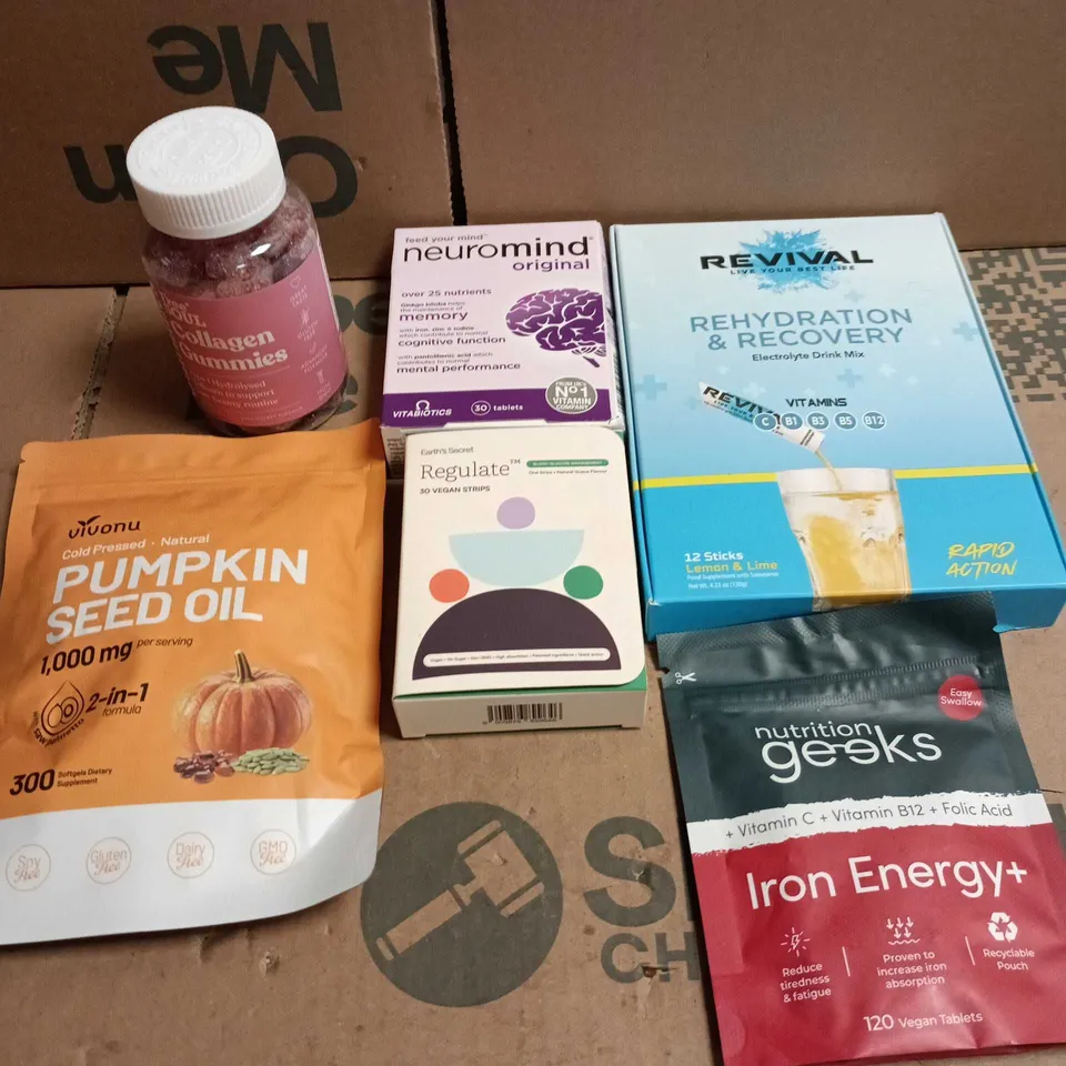 APPROXIAMTELY 15 ASSORTED HEALTH PRODUCTS TO INCLUDE IRON ENERGY+, REVIVAL STICKS, NEUROMIND ETC 