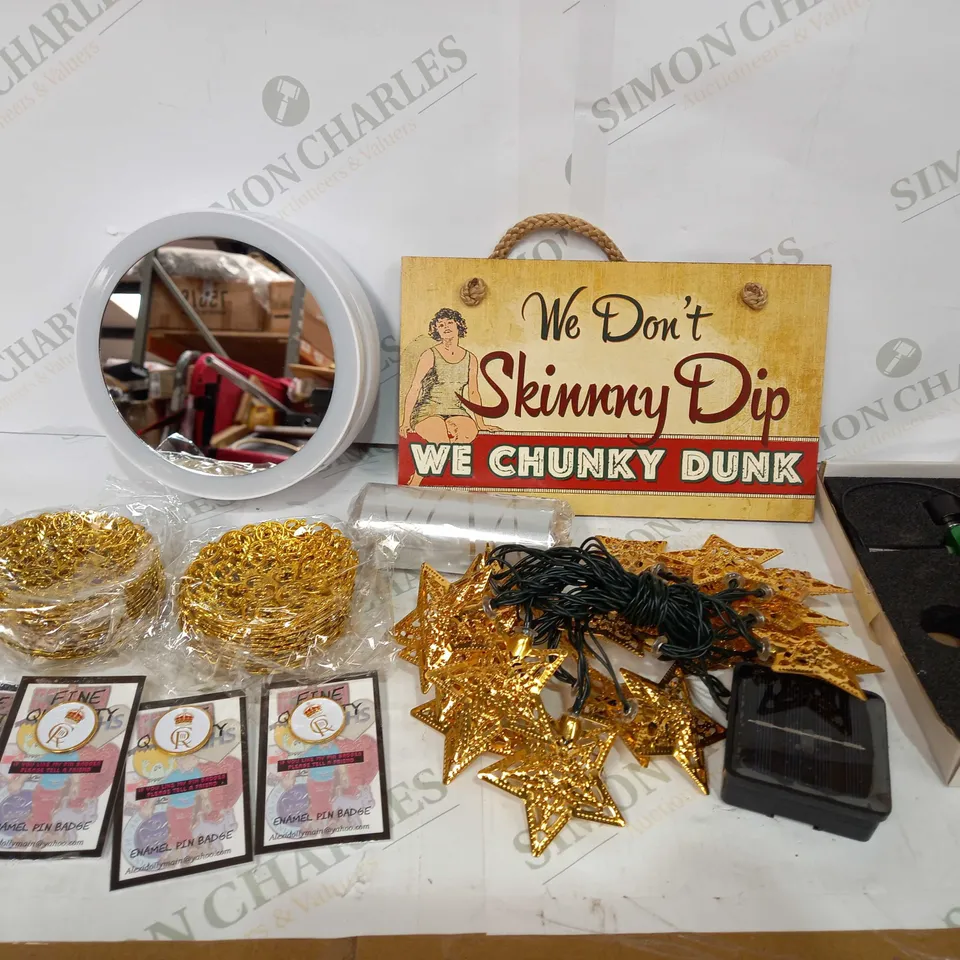 BOX TO CONTAIN APPROX 25 X ASSORTED HOUSEHOLD PRODUCTS, INCLUDES PINS, DÉCOR ITEMS, LED LIGHTS ETC - COLLECTION ONLY