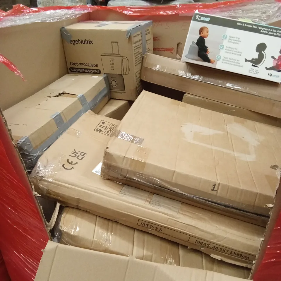PALLET OF ASSORTED HOUSEHOLD GOODS AND PRODUCTS TO INCLUDE; FOOD PROCESSOR, TOILET SEAT COVER, BOOSTER SEAT, STANDING FAN ETC