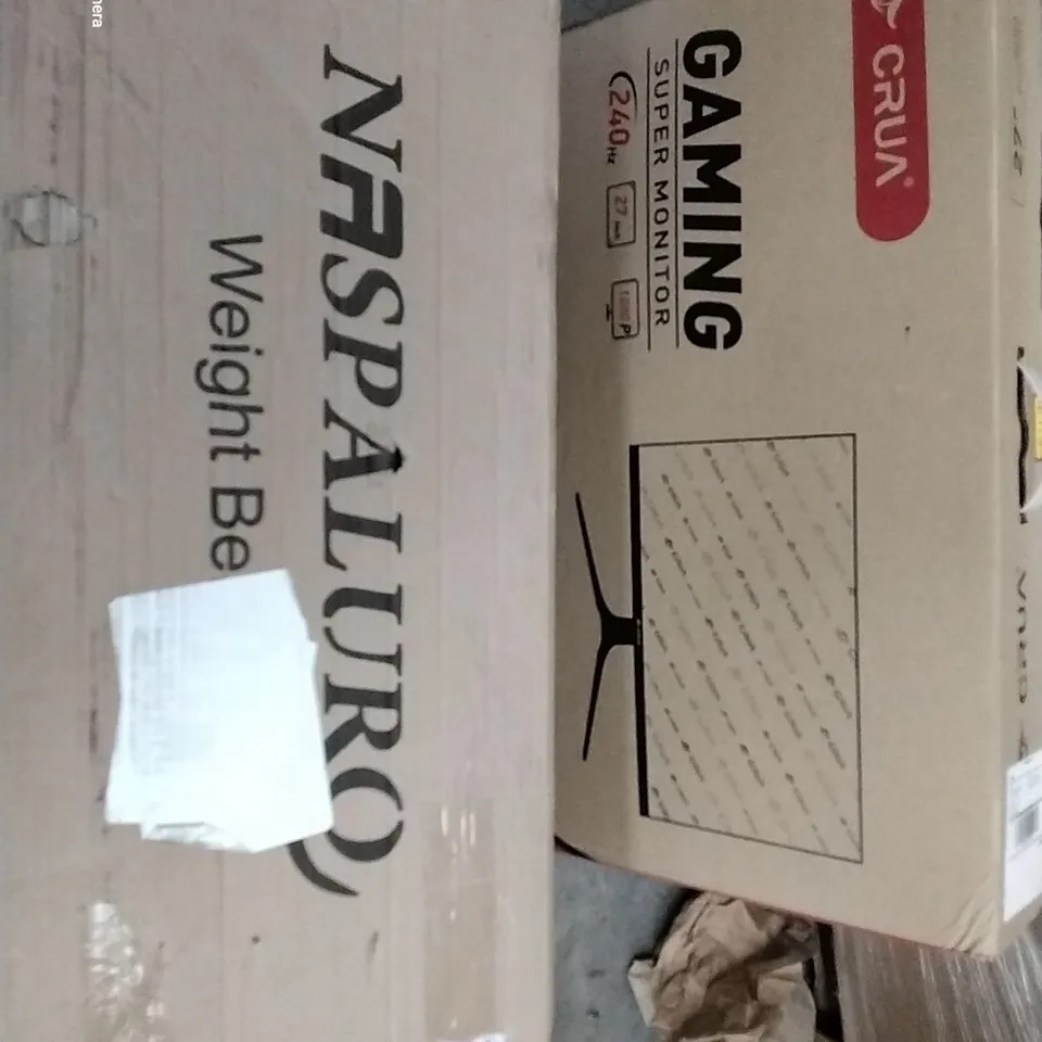 PALLET OF ASSORTED HOUSEHOLD ITEMS TO INCLUDE CURVED 27" MONITOR, WEIGHT BENCH AND AIR COOLER