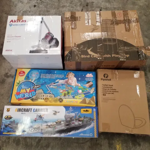 PALLET CONTAINING ASSORTED PRODUCTS INCLUDING VACUUM CLEANER, BIRD CAGE, TOILET SEAT, IPOSTER MY WORKD KIDS MAP & AIRCRAFT CARRIER TOY