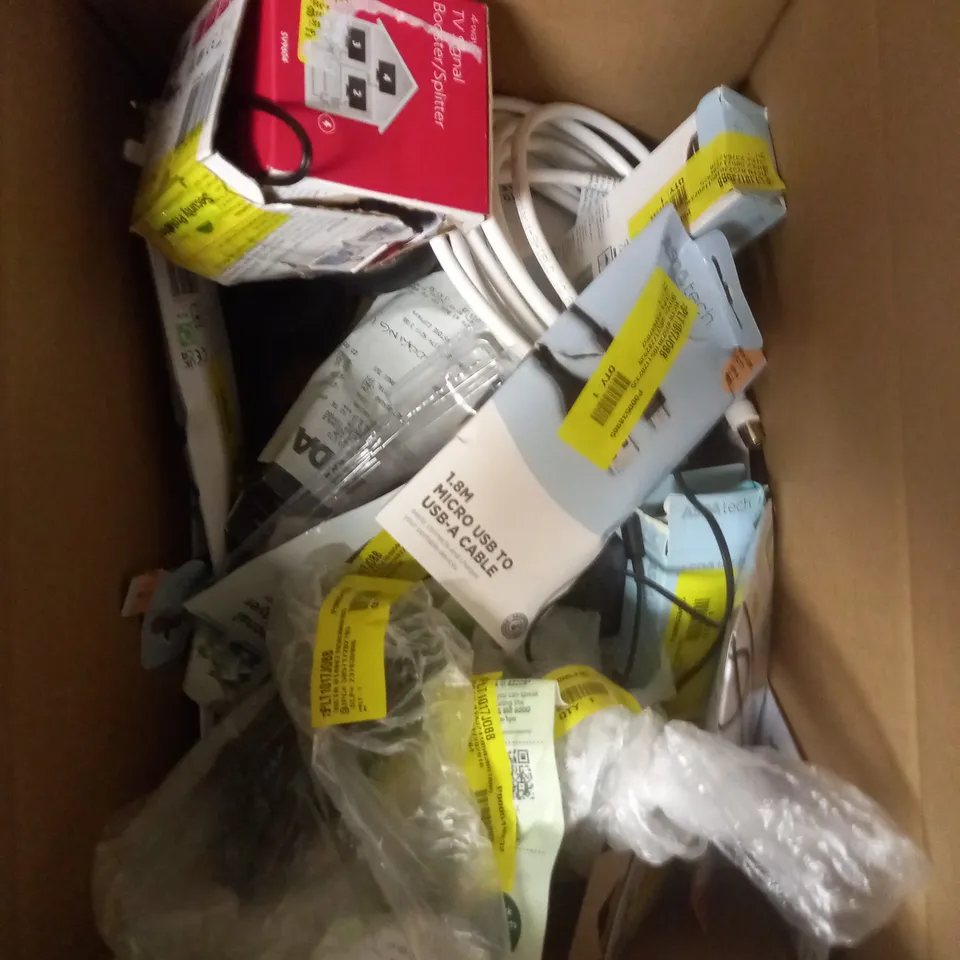 BOX OF APPROXIMATELY 20 ASSORTED ELECTRICAL PRODUCTS TO INCLUDE HDMI SPLITTER, AUX CABLES, IN EAR HEADPHONES ETC 