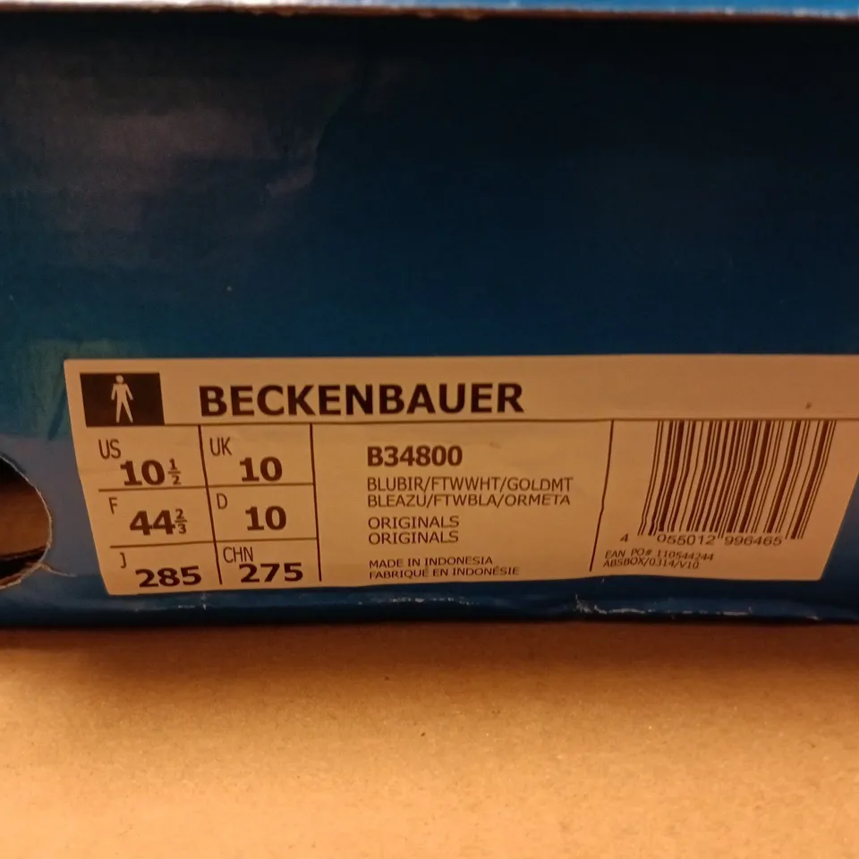 ADIDAS ORIGINALS BECKENBAUER TRAINERS – BLUE SUEDE, WHITE STRIPES, UK 10 (US 10½)