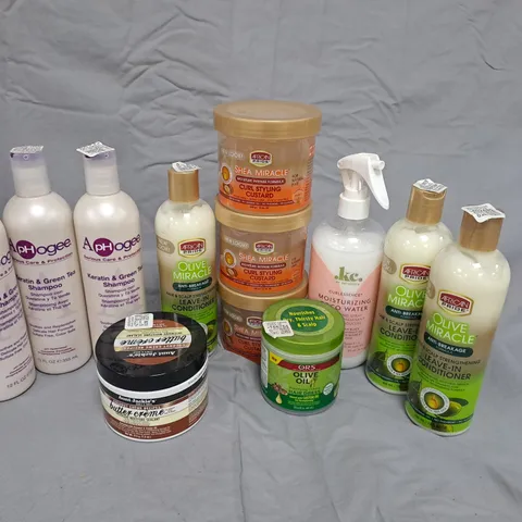BOX OF APPROXIMATELY 12 HAIR CARE PRODUCTS TO INCLUDE SHAMPOO, LEAVE IN CONDITIONER AND CURL STYLING CUSTARD