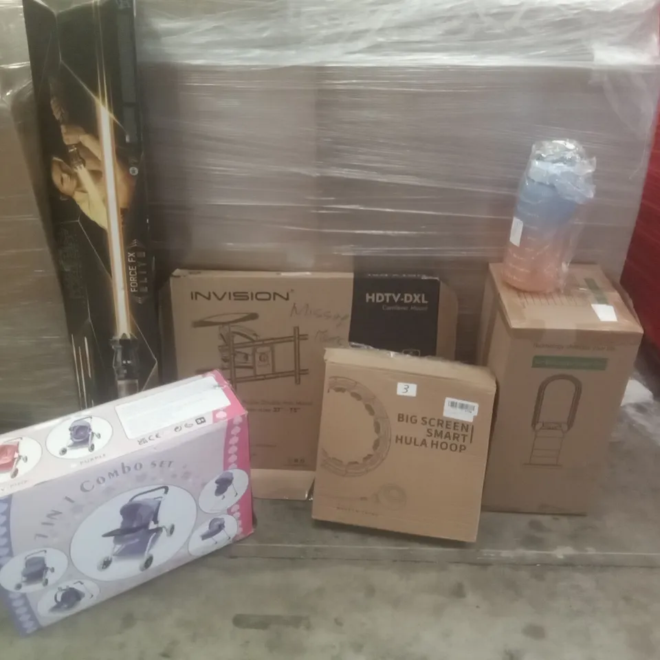 PALLET OF ASSORTED ITEMS INCLUDING STAR WARS LIGHTSABER, SMART HULA HOOPS, AIR MULTIPLIER TOWER FAN