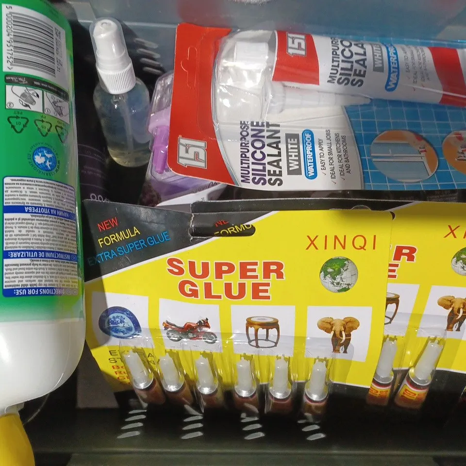 APPROXIMATELY 15 ASSORTED HOUSEHOLD ITEMS TO INCLUDE SUPER GLUE, SHAMPOO, AIR FRESHENER, ETC